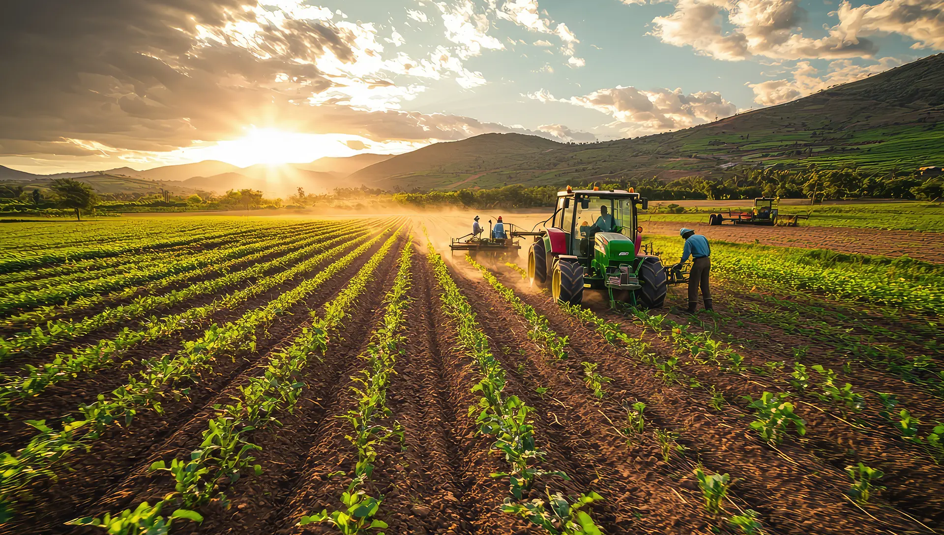 Tractor trabajando surcos de cultivo al atardecer